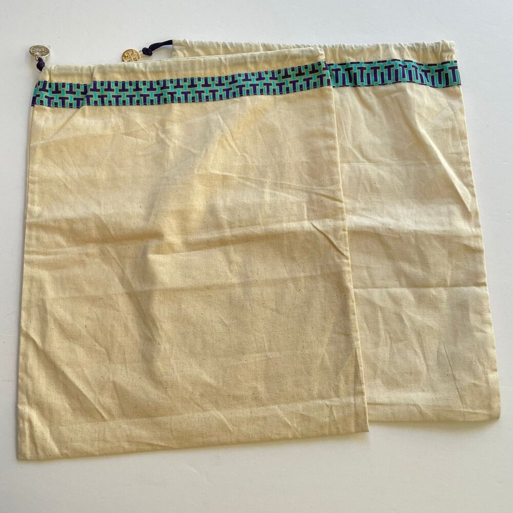 Tory Burch Beige Shoe Dust Bag 12X15 Inches Drawstring Gold Logo Charm 2‎ Piece